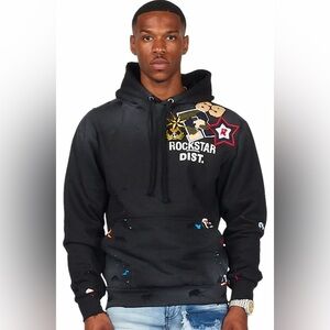 ROCKSTAR ORIGINAL Acton Black Patchwork Graphic Hoodie / Sweatshirt Size XL